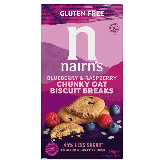 Nairn's Gluten Free Oats, Blueberry & Raspberry Chunky Biscuit Breaks 160g Botiga