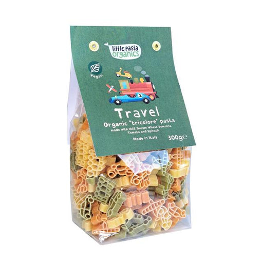 Little Pasta Organics Tri Coloured Travel Shaped Pasta Spinach + Tomato 300g Botiga