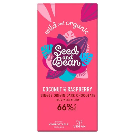 Seed & Bean Organic Sao Tome Dark Choc 66% Coconut & Raspberry 85g Botiga