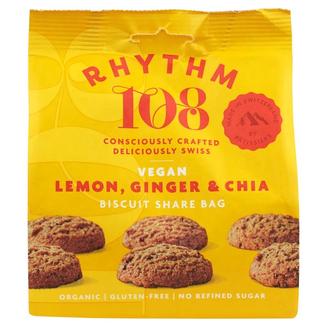 Rhythm 108 Swiss Vegan Lemon, Ginger & Chia Biscuit Share Bag 135g Botiga