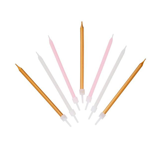 Pink, White & Gold Birthday Candles 16 per pack Botiga