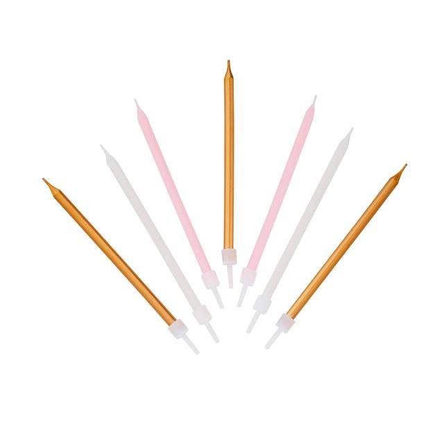 Pink, White & Gold Birthday Candles 16 per pack Botiga