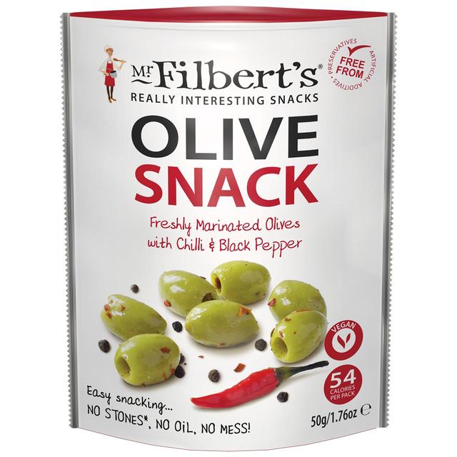 Mr Filberts Olive Snacks Green Olives with Chilli & Black Pepper 50g Botiga