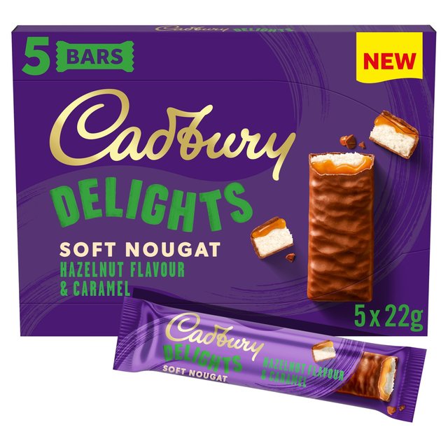 Cadbury Delights Soft Nougat Hazelnut & Caramel Chocolate Bars 5 x 22g Botiga