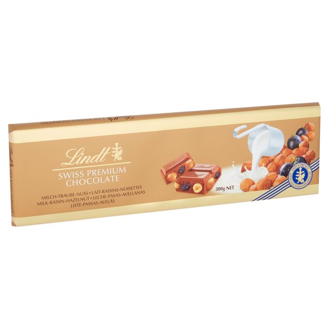 Lindt Gold Bar Milk Chocolate, Hazelnut & Raisin 300g Botiga