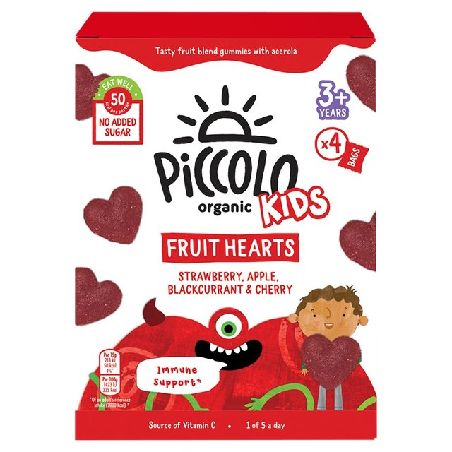 Piccolo Organic Kids Fruit Hearts Strawberry, Apple, Blackcurrant + Cherry 4 x 15g Botiga