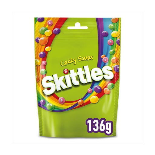 Skittles Vegan Chewy Crazy Sour Sweets Fruit Flavoured Pouch Bag 136g Botiga